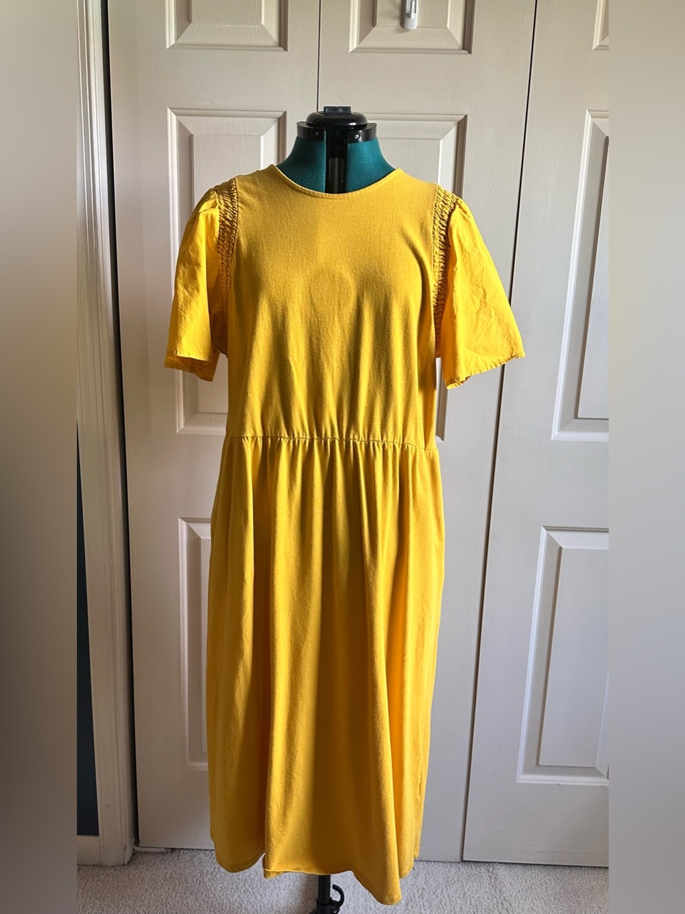 100% Cotton Yellow Puff Sleeve Midi Dress - XXL - Picture 2 of 7